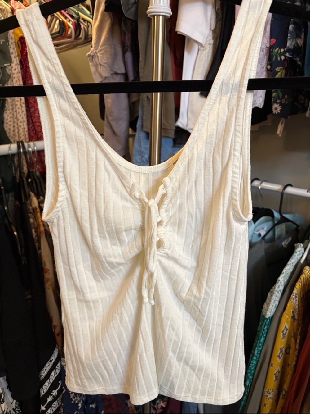 Project Social T Cream Ribbed Lace-Up Tank